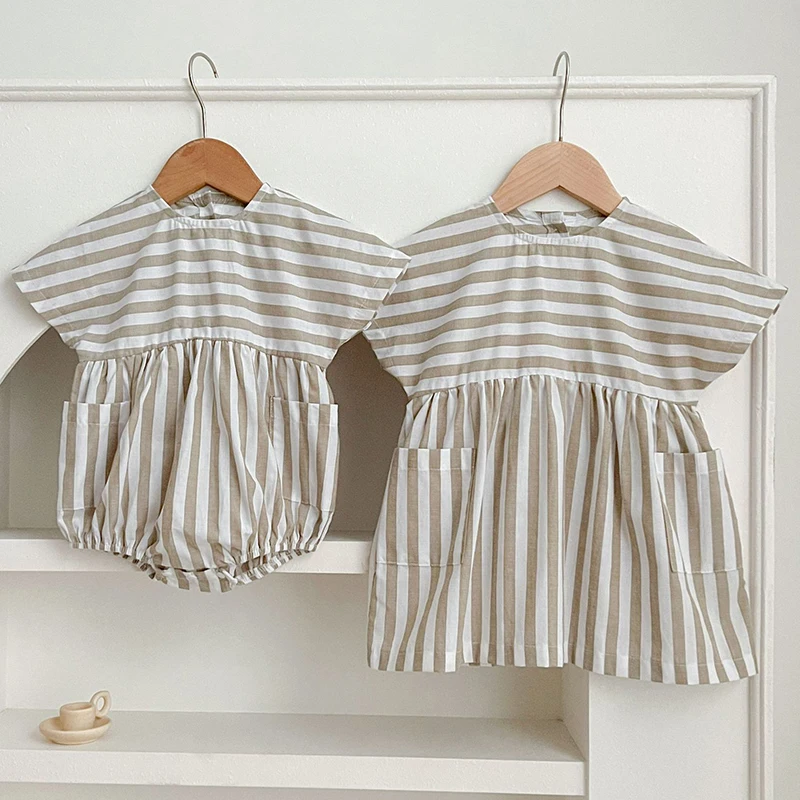 Summer Sister Dress Toddler Vintage Stripe Romper Dress Girls Clothes Ruffles Lace Baby Bodysuit Sister Family Macth Clothing