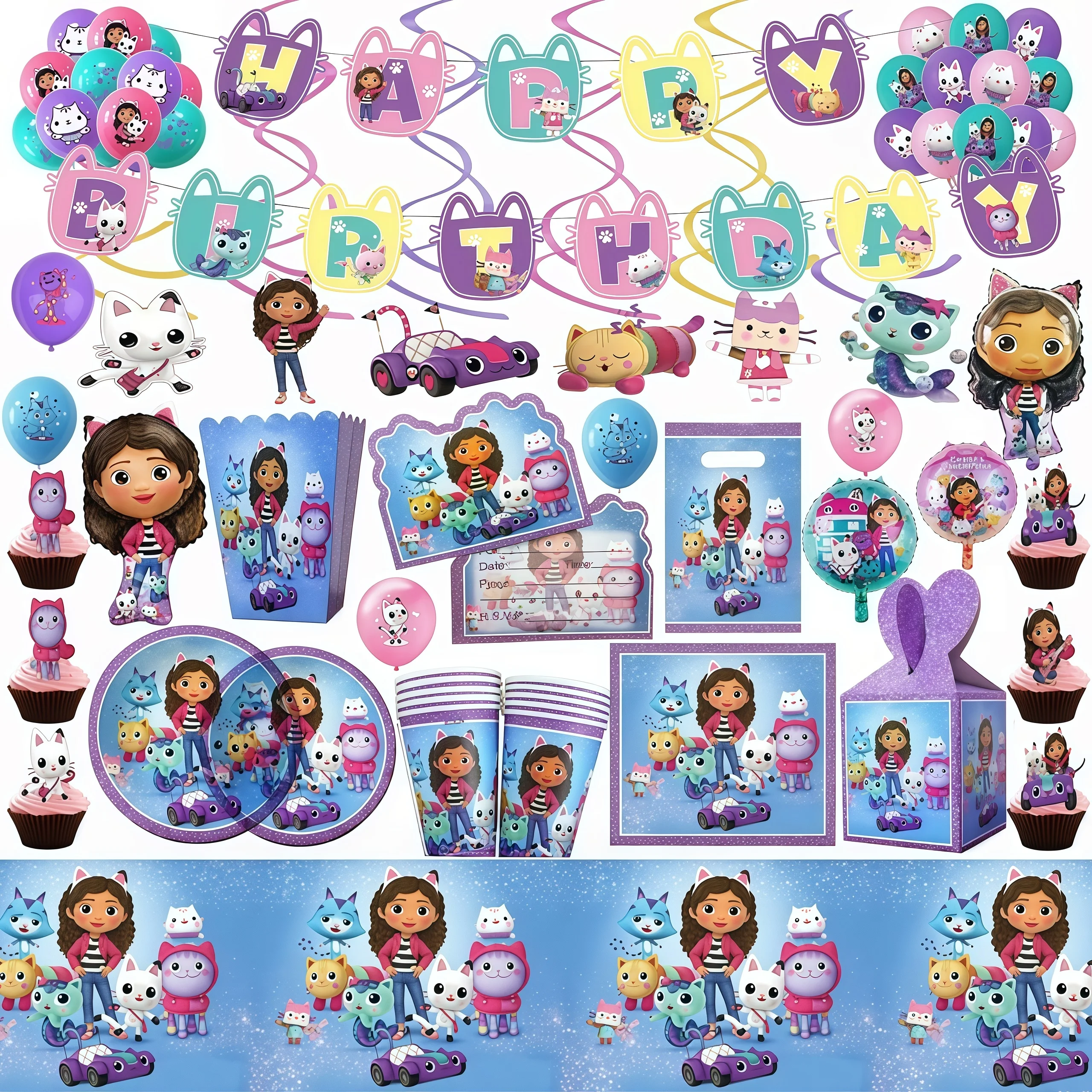 Gabby Dollhouse Geburtstagsparty-Zubehör: Teller, Becher, Tischdecke, Servietten, Hintergrund, Ballons, Dekoration, Babyparty, Cartoon-Geschenke