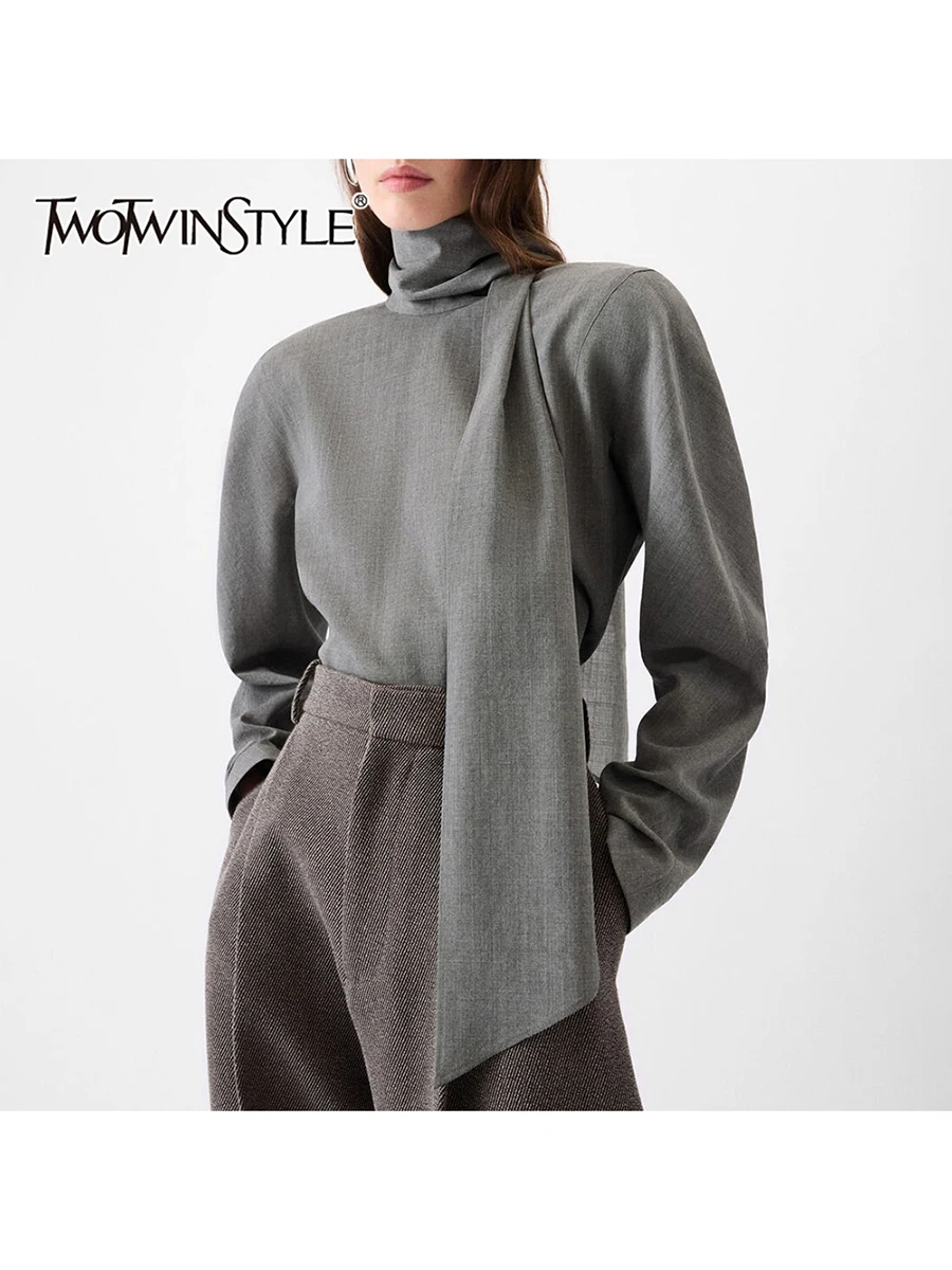 

TWOTWINSTYLE Solid Slimming Spliced Ribbon Temperament Blouses for Women High Neck Long Sleeves Backless Fashion Blouse Female