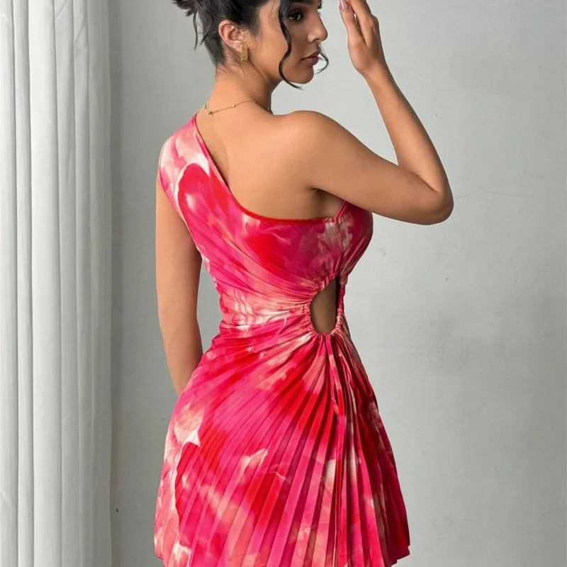 夏エレガントなインクプリントスマッジカットアウトウエストドレス斜め肩襟プレスプリーツ女性のドレス