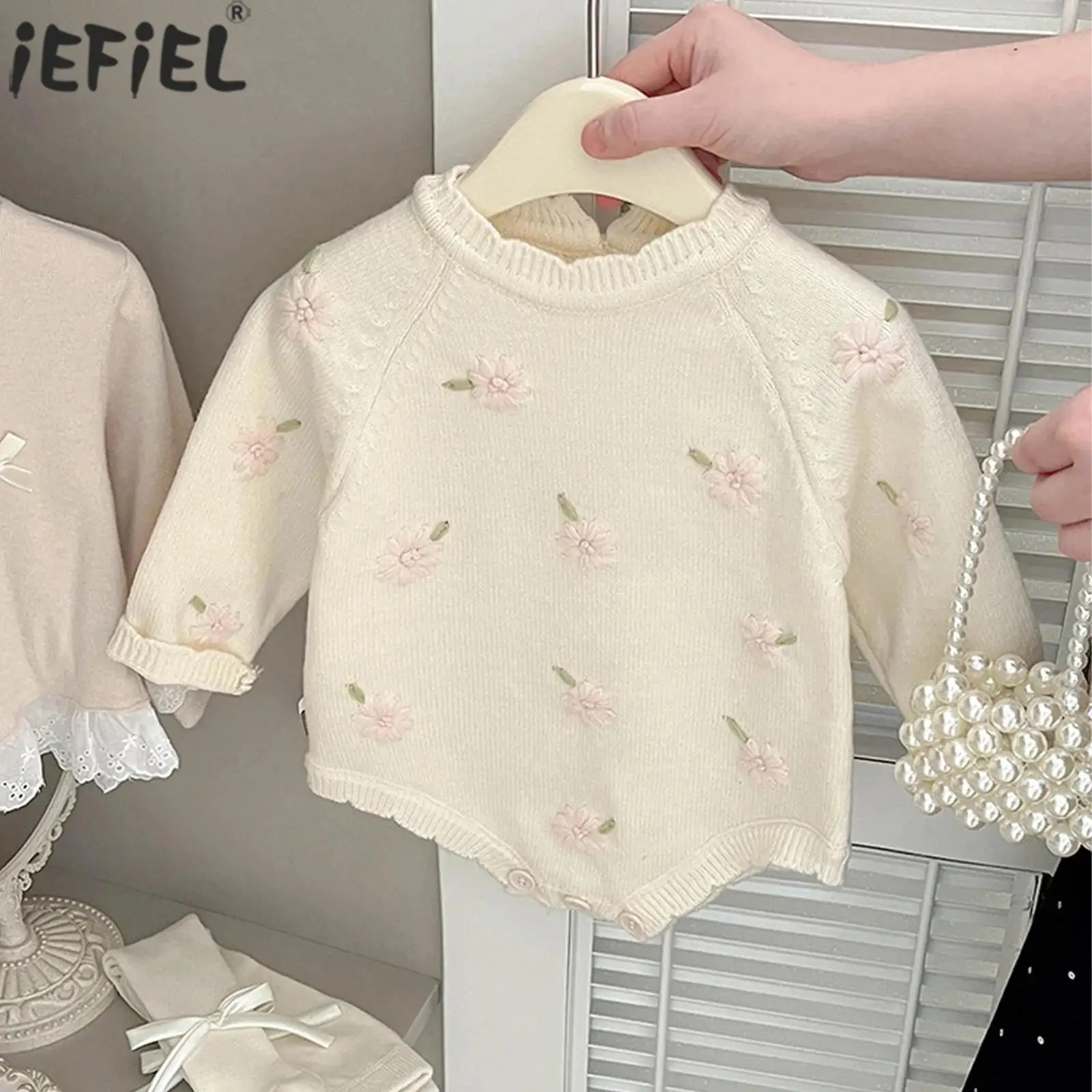 

Baby Girls Flower Embroidery Sweater Romper Spring Autumn Long Sleeve Knitted Jumpsuit Infant Clothing for Picnic Photo Shoots