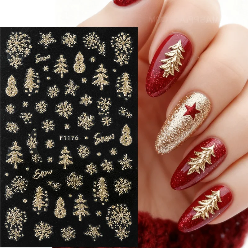 1pc 3D Oro Glitter Adesivi Per Unghie Di Natale Lucido Fiocco di Neve Albero di Natale Cursori Autoadesivi Inverno Capodanno Unghie artistiche adesivi