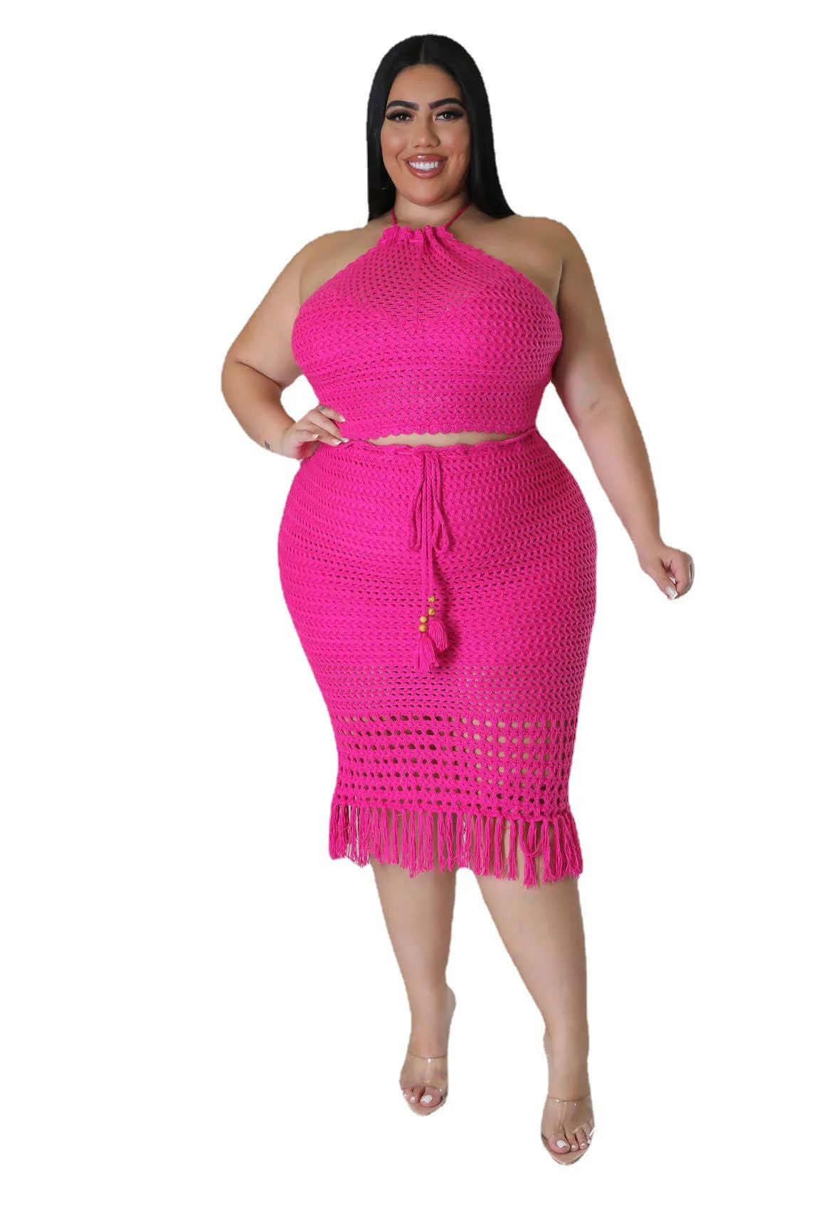 Plus Size Crochet Fashion Two Piece Set Dress 2023 Knitted Lace Up Tassel Crop Top Long Skirt Female Outfits Beach Style Summer