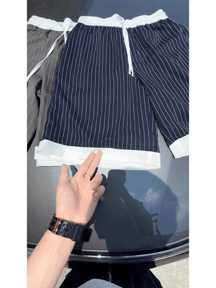 

Lightweight Ice Silk Men's orts Summer Qui Dry Stripe Design Sports Five-Quarter Length Beach Casual Loose Fit Straight Leg