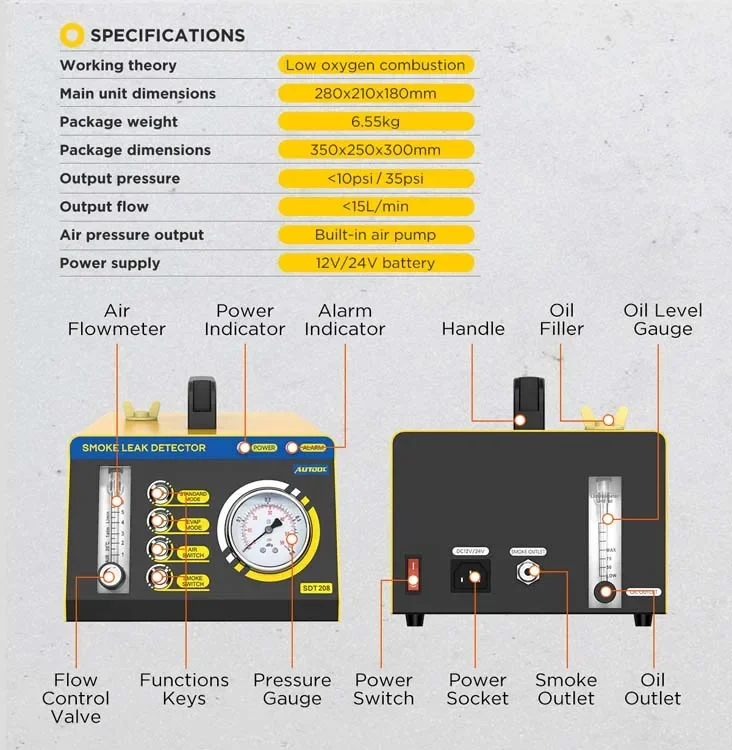 AUTOOL SDT208 휴대용 누출 테스트 자동차 연기 기계 엔진 연기 기계 연기 누출 감지기