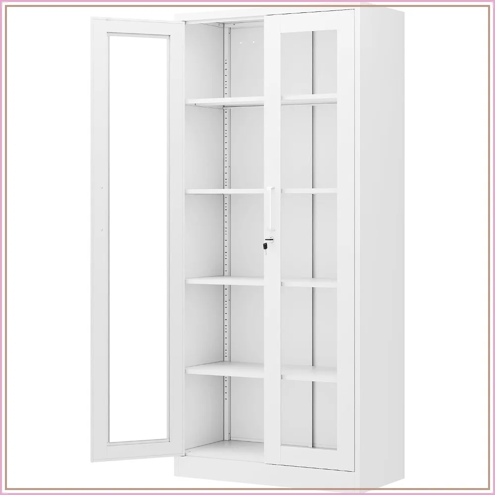 PEUKC 71'' Storage Cabinet with Glass Doors, 4-Tier Office Cabinet, White