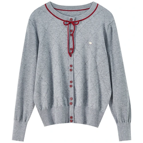 SENTUBILA Damen-Cardigan mit Schleifendetail, Herbst, elegant, Rundhalsausschnitt, Kontrastpullover und Pullover, langärmelig, Damenoberteile W53HE3389