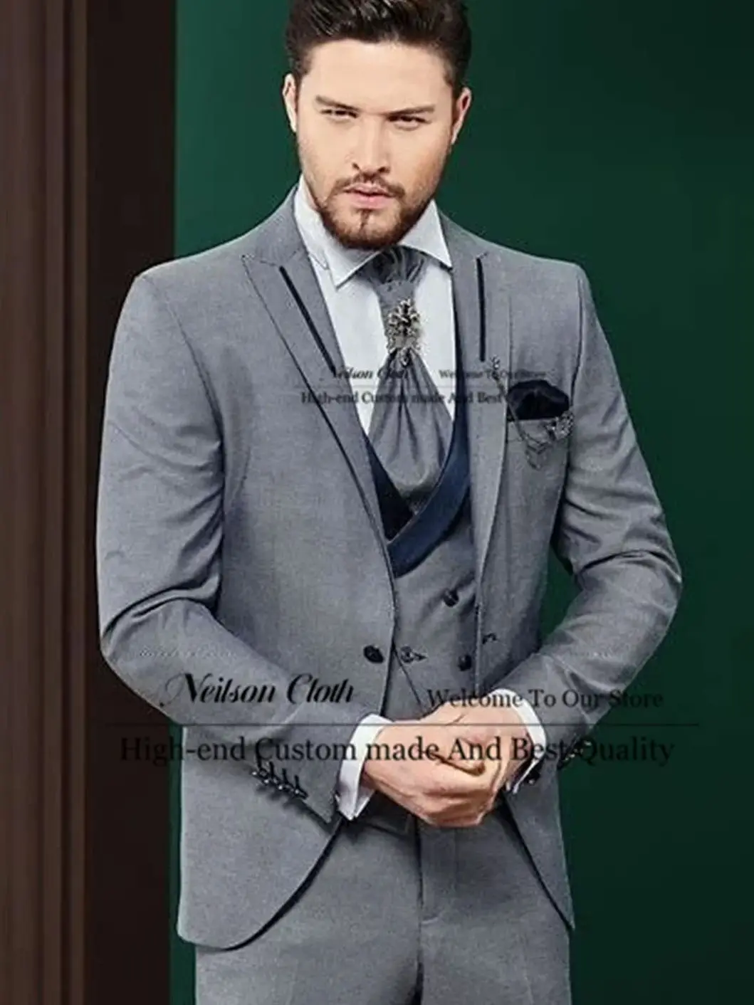 

Business Male Prom Blazers 3 Pcs Sets Dark Grey Groom Wedding Tuxedos Customized Peaked Lapel Men Suits Slim Fit Costume Homme
