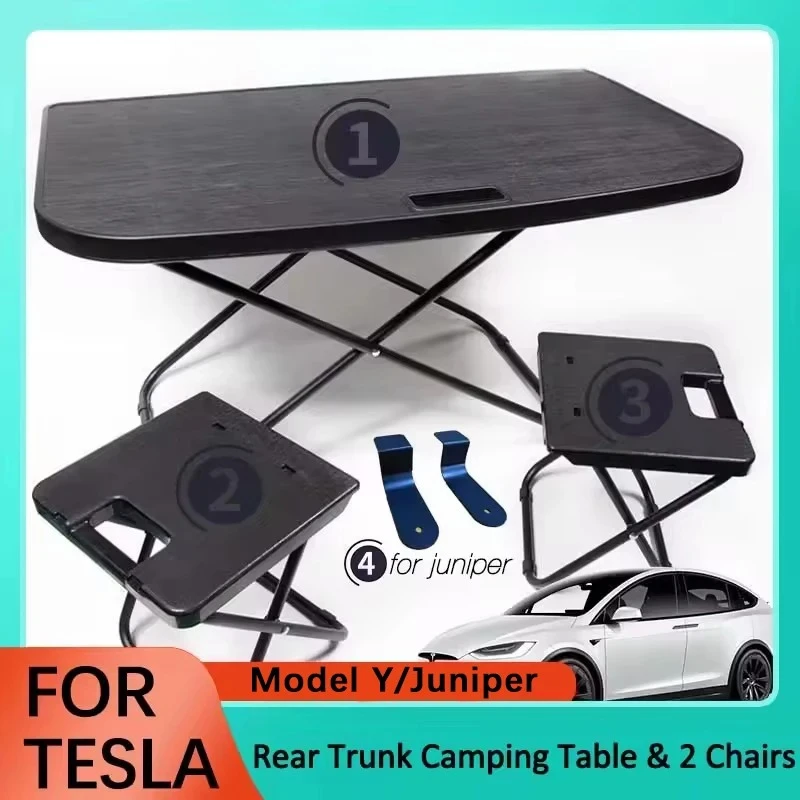 For Tesla Model Y Juniper Trunk Camping Table Folding Picnic Desk with 2 Chairs Outdoor Travel Car Accessory