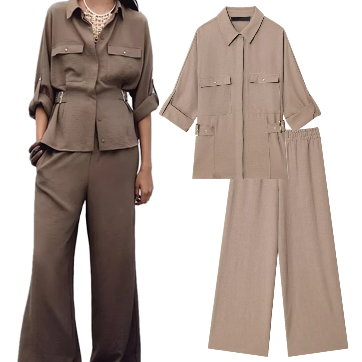 

Maxdutti Minimalist Khaki Solid Color Shirt Pants Suit Autumn Long Sleeve Pocket Shirt High Waist Casual Wide Leg Pants Sets Wom