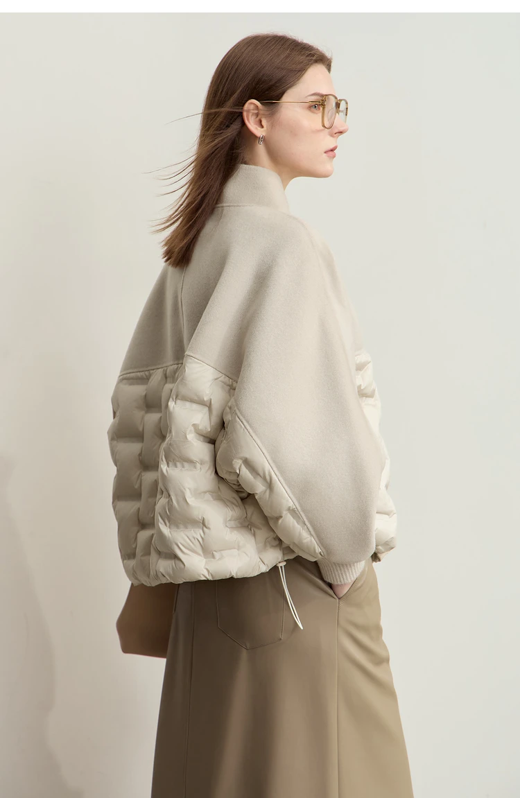 AMII Down Coats 100% Wool Stand Collar Loose Spliced Jackets for Woman 2024 Winter Warm New Casual Versatile Jacket 12454007