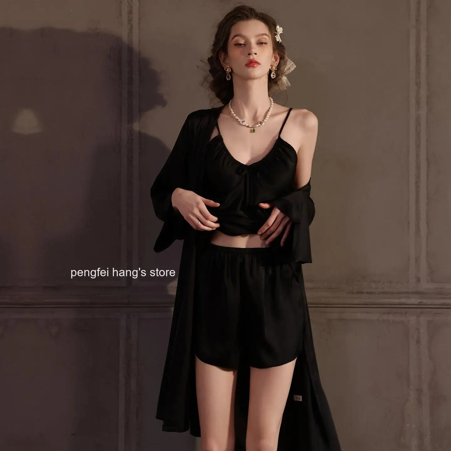 2026 New Ladies Ice Silk Three Piece Home Loungewear Set Tank Top Shorts Soft Smooth Sleepwear Pajama Suit for Indoor Daily Wear