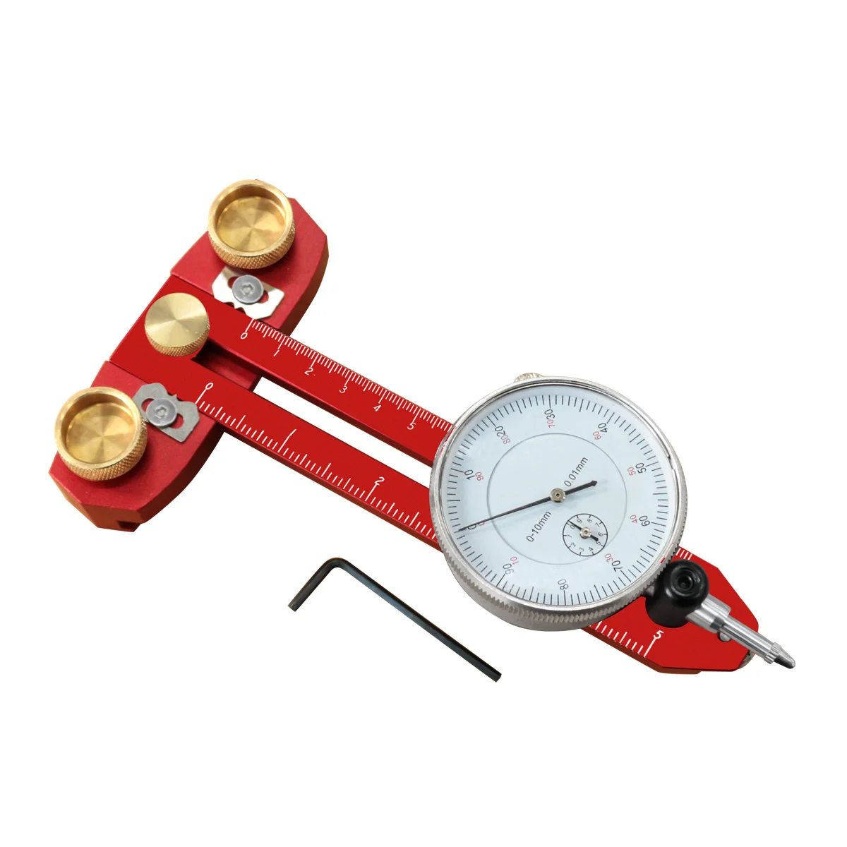 

Calibration gauge fixture guide rail for table saws, band saws and other workshop machinery with dial gauges