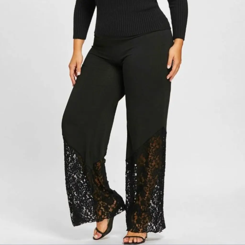 Spodnie damskie plus size z szerokimi nogawkami, z koronkowymi detalami, modne spodnie dla puszystych kobiet.