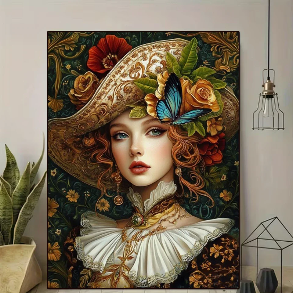5D Diamond Painting Kit Vintage Noble Lady with Flower Hat Full Drill Diamond Art Portrait, DIY Rhinestone Wall Decor for Home