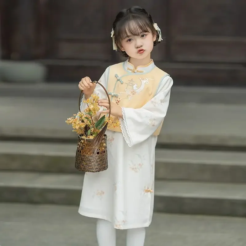 

Autumn Cute Stand Collar Long Sleeved Cheongsam Dress Vest Girls Traditional Chinese Ancient Children Costumes Mandarin Dress