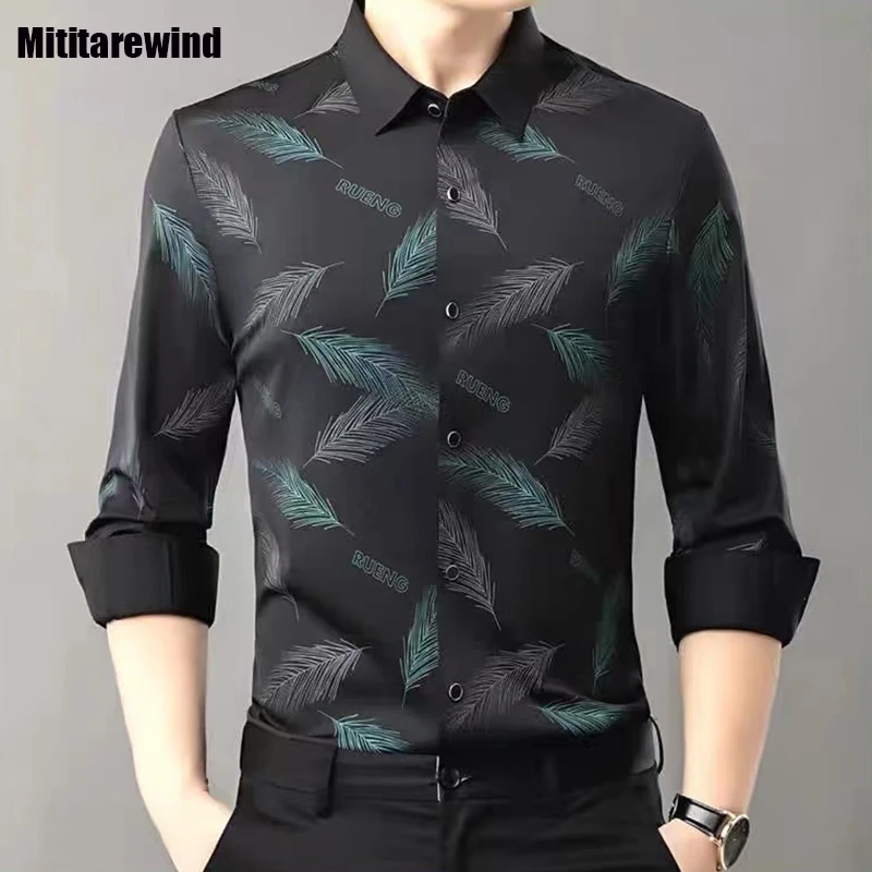 

Spring Summer New Long Sleeve Shirt Men Social Shirt Ice Silk Seamless Stretch Feather Printed Shirt Youth Mens Clothing Fashion