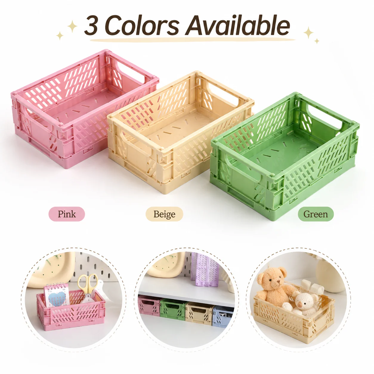 Foldable Mini Plastic Storage Basket, Desk Organizer for Student Supplies, Collapsible Holder for Journal Tape