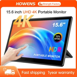 HOWENS15.6 인치 4K 휴대용 모니터, IPS 3840x2160 UHD 외부 화면, 모바일 LCD 디스플레이 USB-C HDMI, 휴대폰 노트북 PC Xbox PS4 용