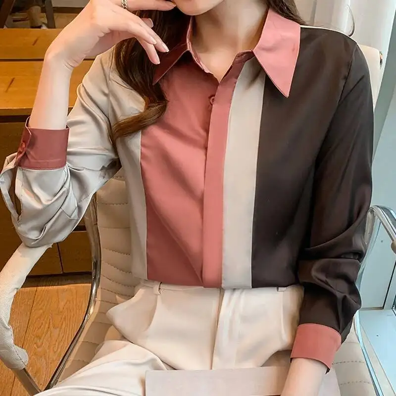 Moda elegante manga longa camisa de escritório primavera vintage listra cetim blusa feminina 2025 outono botão casual solto topos roupas