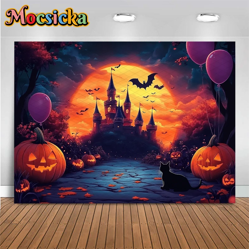 Mocsicka Halloween Photo Background Shooting Props Night Terror Castle Balloons Jack-O-Lantern Party Decors Photography Backdrop