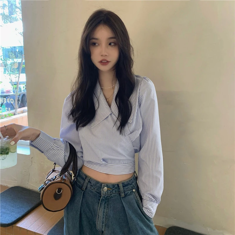 Striped Women Shirts Korean Bow Lace Up Slim Female Casual Blouse Autumn New Preppy Style Sweet Chic Ladies Crop Tops