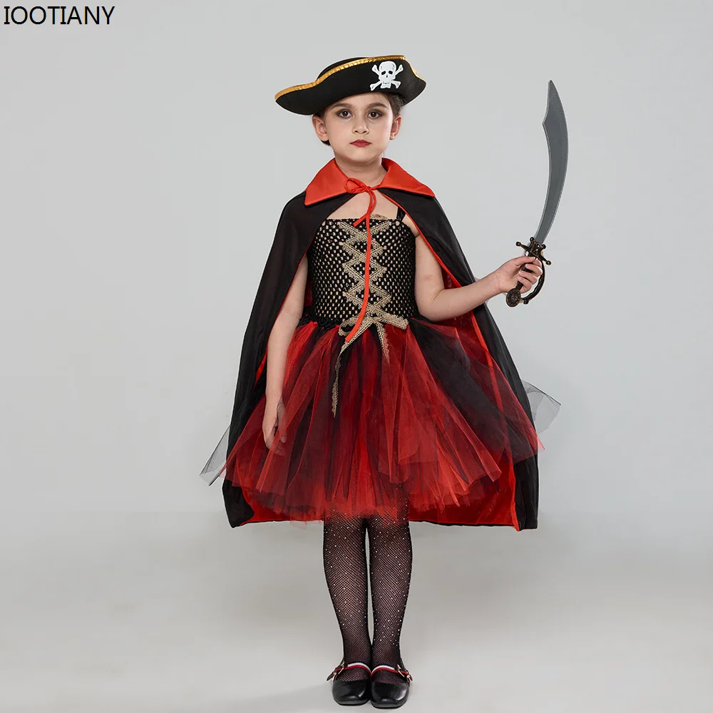 

Girls Halloween Pirate Cosplay Costume Caribbean Captain Ballet Tutu Cape Pirate Theme Carnival Party Stage Performance Dress