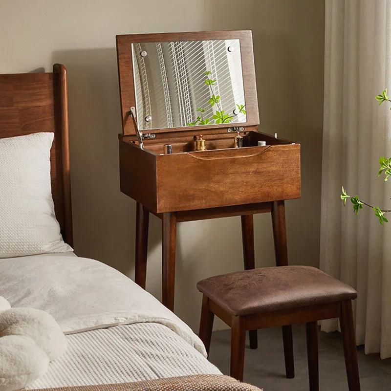 

Mini Small Makeup Table Bedroom Small Unit Desk Dresser Integrated Flip Makeup Mirror Foldable with Stool