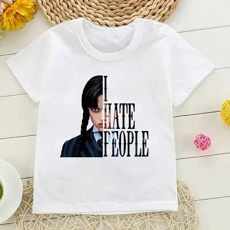 Tshirt Wednesday Addams Children T-Shirt I Hate People Cartoons Clothes Kid Girl Boy Nevermore Academy T Shirt Baby Casual Top