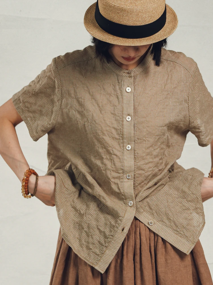 

Pure Cotton Lightweight Breathable Comfortable Plaid Women's ort Sve irt Summer Moisture ng Skin-Friendly Top