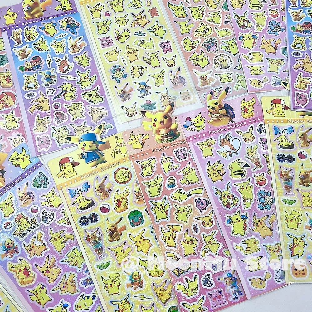 20Sheets Mix Anime Pokemon Pikachu Sticker Anime Cartoon Laser Sticker Decals Stationery Wholesale Kids Toys Gifts