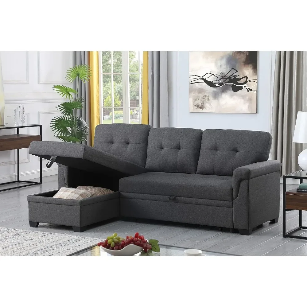 84" W Linen Reversible Sleeper Sectional Sofa with Storage Chaise