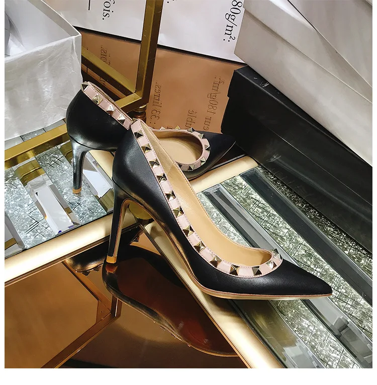 2026 Popular Pointed Toe Patent Leather Rivet Stud High Heels Shoes Banquet Party WeddingShoes Nightclub High Heels Women Shoes