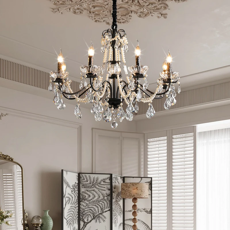 2025 New Black LED Pearl Chandelier for villa hall drawing room Bedroom Hotel penthouse deco Vintage Crystal Chandelier lighting