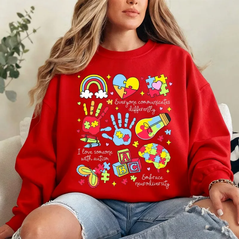 الجميع التواصل بشكل مختلف لشهر التوحد البلوز التوحد أمي خطاب علم الأم أعلى التوحد الوعي المرأة السترة