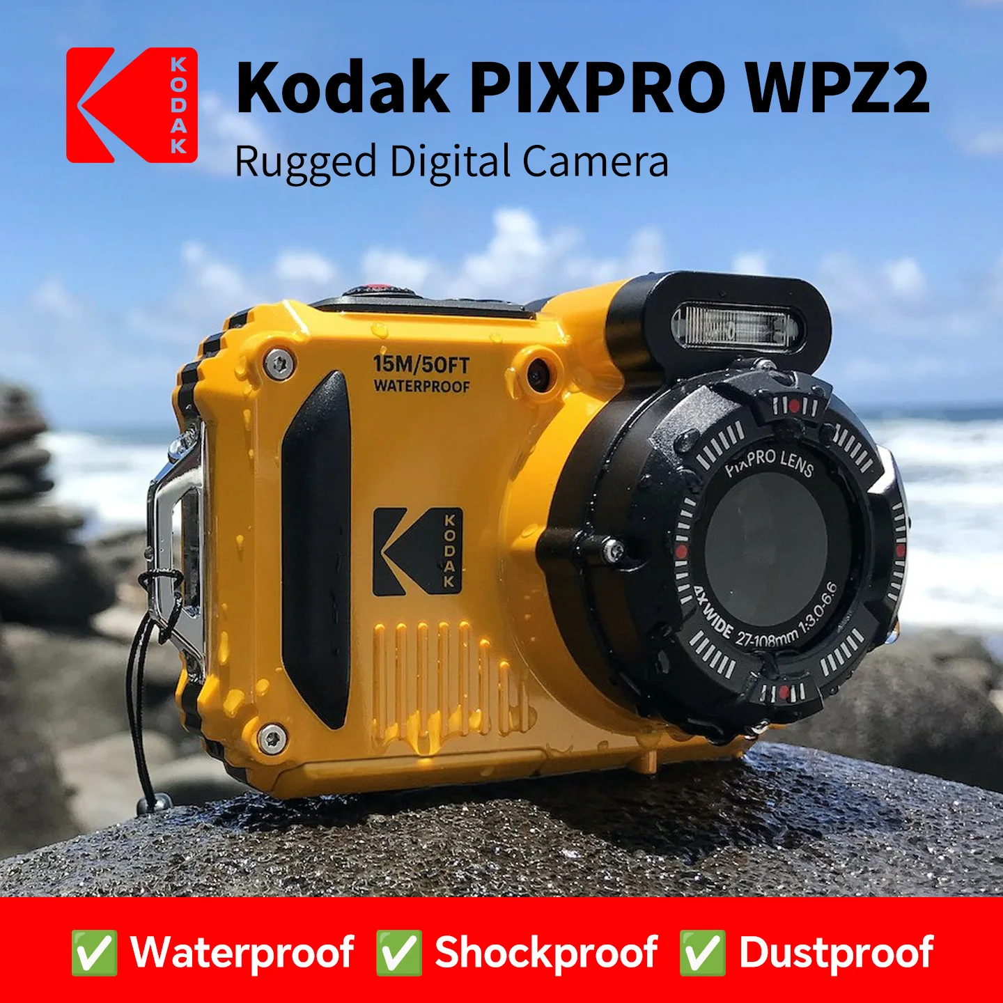 KODAK PIXPRO WPZ2 Digital Camera 16MP 4X Optical Zoom Waterproof 15m Shockproof Dustproof WiFi 1080P FHD 27 Languages