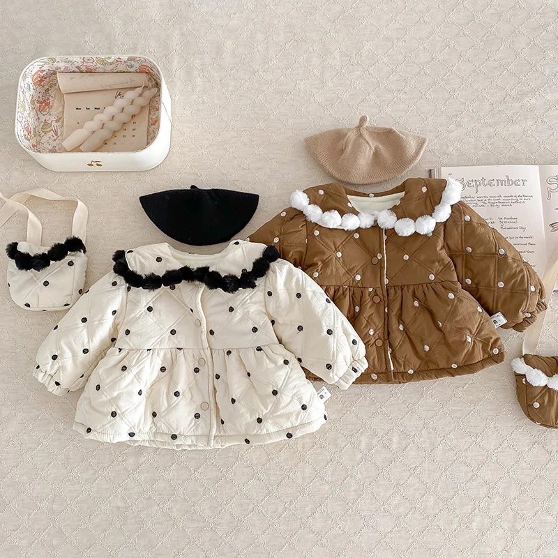 2024 Winter Infant Girl Medium Cotton Jacket Baby Girl Polka Dot Small Hairball Coat Princess Warm Thickened Outerwear