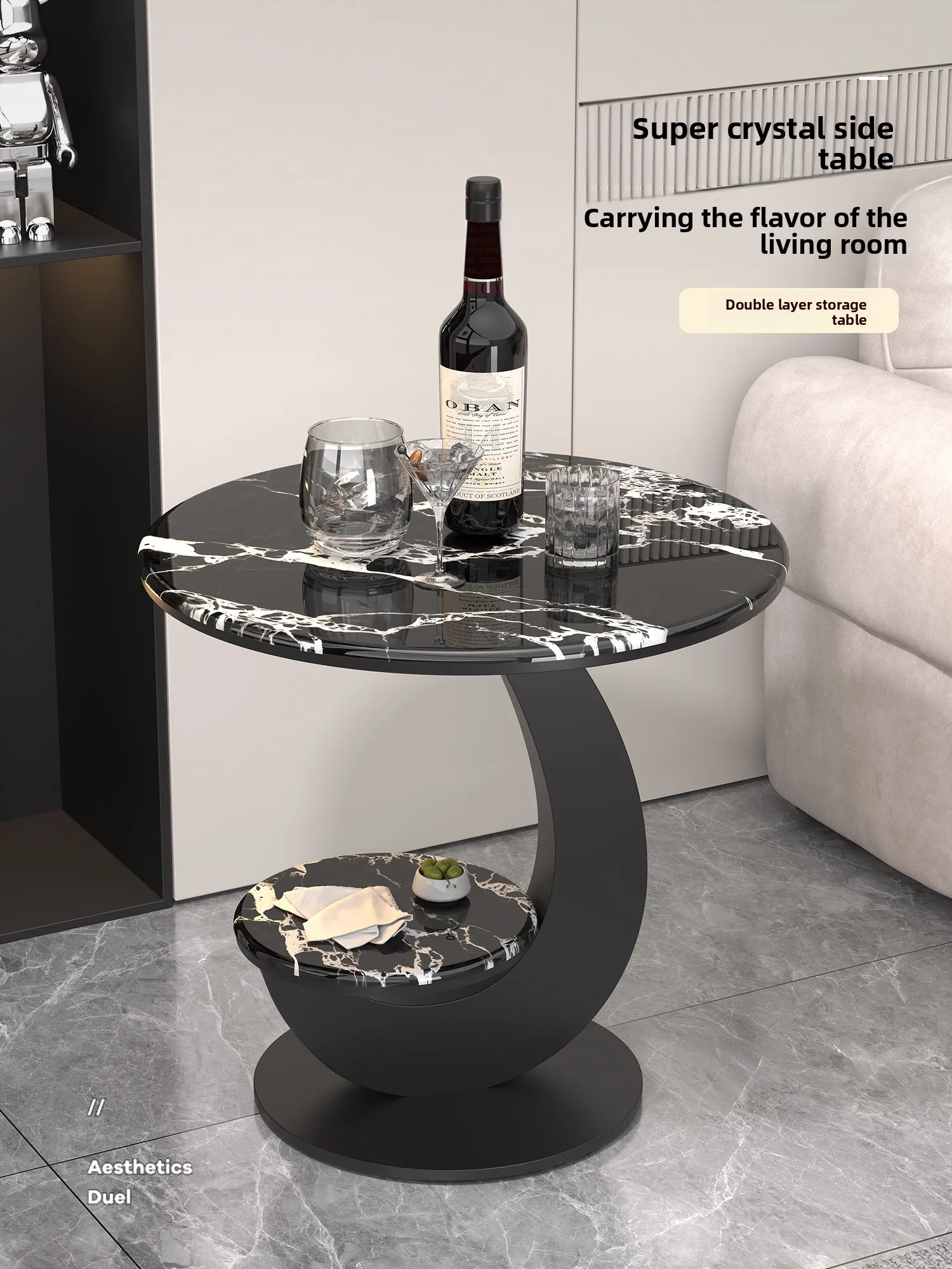 Microcrystalline Stone Top High/Low Sofa Side Table for Living Room Home Furniture Minimalist Modern Design Small Apartment Use