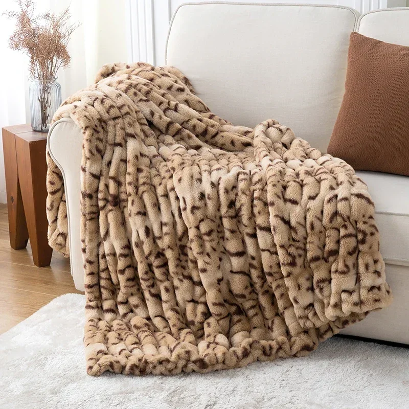 

Double-sided Rabbit Long Hair Blanket Light Luxury Plush Sofa Cover Leopard Print Thickened Faux Fur Blankets Warm Nap Textile