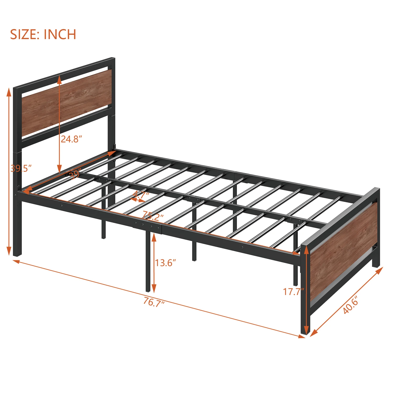 Twin Size Platform Bed, Metal and Wood Bed Frame with Headboard and Footboard, Black