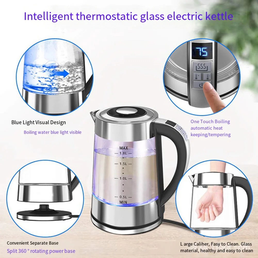 1800W 1.8L Electric Kettle Tea Pot Portable Glass Stainless Steel Water Boiler Fast Heating Teapot 220V Home Appliance 전기포트 주전자