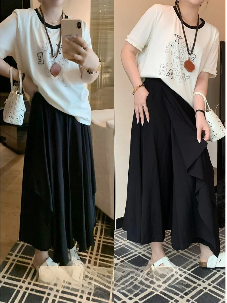 

Юбка А-силуэта больших размеров в корейском стиле, свободного кроя, с высокой талией, с плиссировкой, для полных женщин, повседневная летняя мода