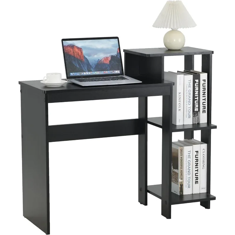 

Efficient Small Black Computer Desk with Slot and Printer Shelves for Small Home Office Bedroom and School Studying Writing Desk