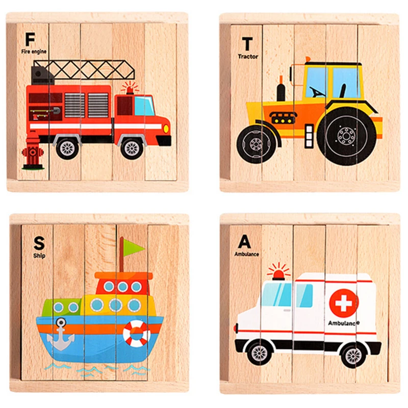 木製立体ストリップ動物ビルディングブロックモンテッソーリ交通恐竜パズル啓蒙おもちゃ 4 面パターンパズルおもちゃ