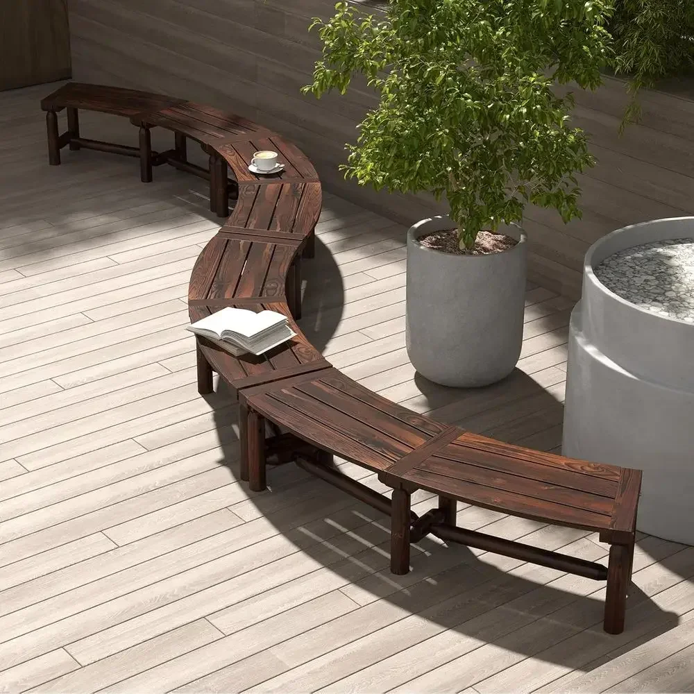 2-Person Outdoor Bench with Fire Pit, Curved Back, Rustic Brown