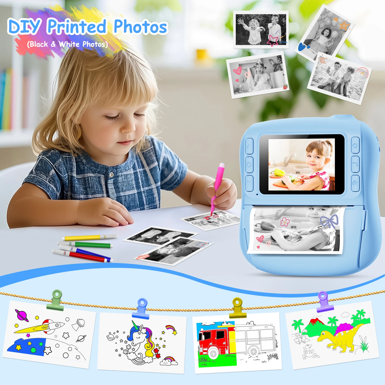 Câmera de impressão instantânea para crianças, câmera digital infantil de 2.0 polegadas, 14mp, 1080p, brinquedo com papel de impressão, presente para meninas e meninos
