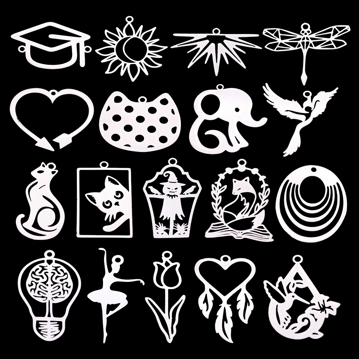 3pcs Stainless Steel Animal Plant Charms Hollow Sun Moon Cat Elephant Dragonfly Pendant for DIY Jewelry Making Necklace Earrings
