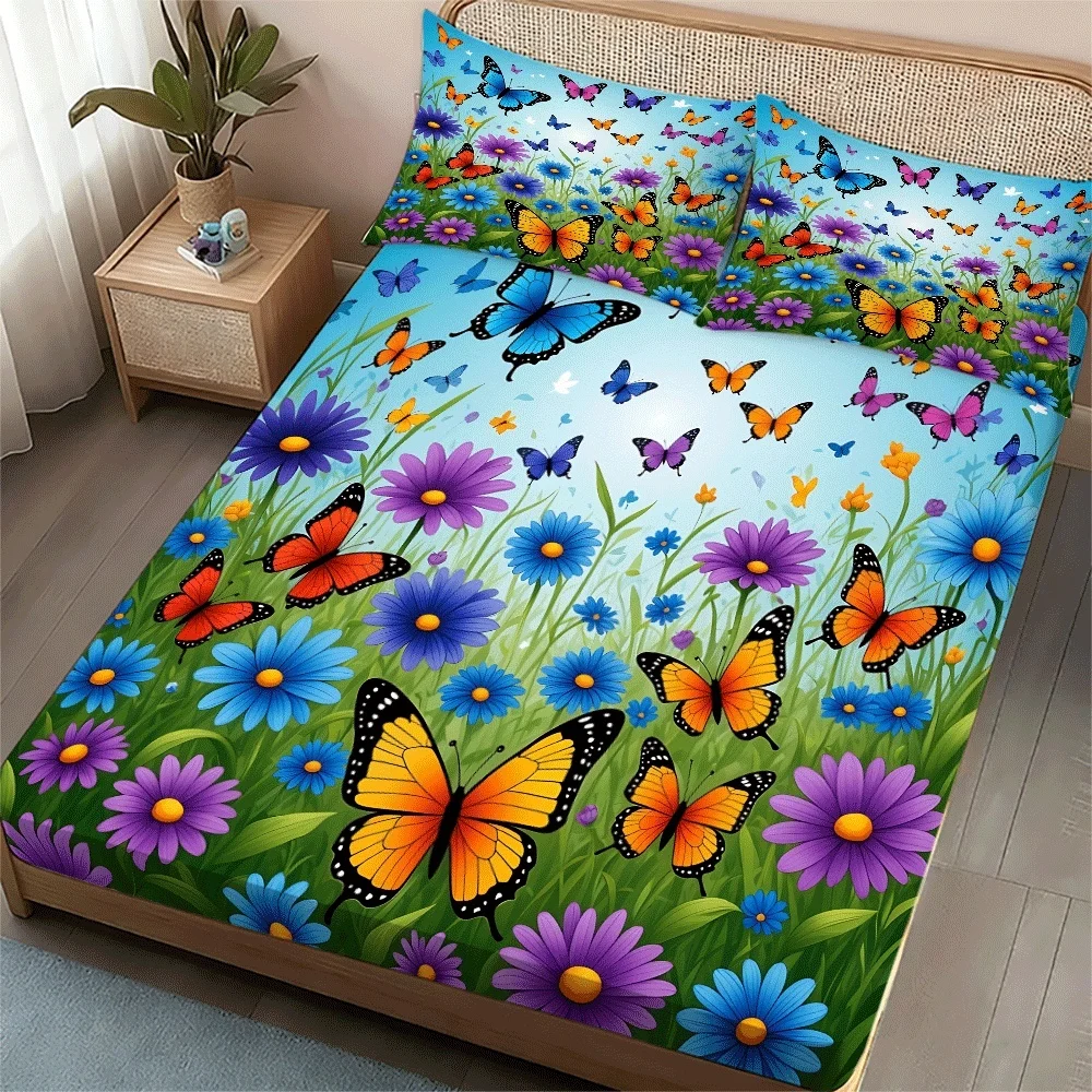 Colorful Butterfly Flower Sea Bedding Set Three-Piece Set Printed Bed Sheet Mattress Protector Breathable Polyester Material (Includes 1 Bed Sheet + 2 Pillowcases) Mattress Protector Elastic Fitted Bed Sheet Style Protective Cover Mattress Protector, Fitted Bedding Set Christmas Themed Bedding Baby Bedding Suitable for Nursery Room