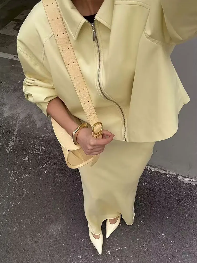 HH 여성 우아한 노란색 인조 가죽 재킷 턴다운 칼라 긴 소매 지퍼 코트 패션 하이 스트리트 여성 아우터웨어