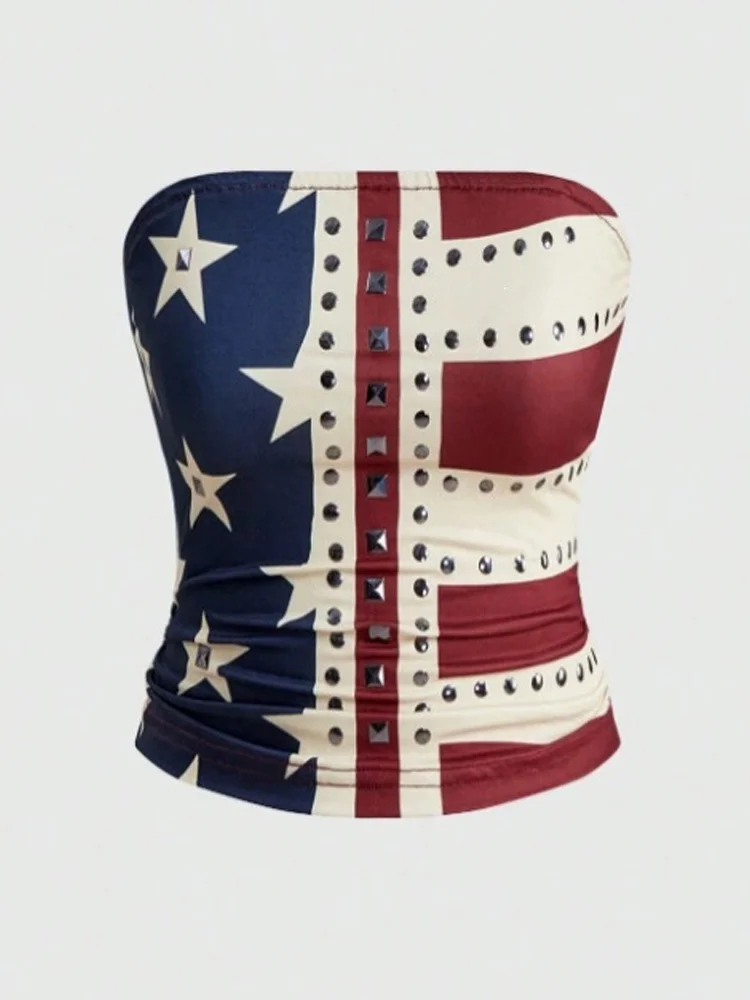 Summer Women Y2K Vintage Streetwear Club Party American Flag Print Rivet Details Strapless Slim Fit Cropped Tube Top